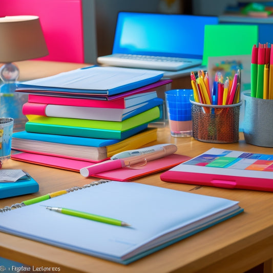 A tidy, modern teacher's desk with a color-coded file organizer, a stack of neatly labeled folders, and a planner open to a lesson plan page with highlighted notes and checkboxes.