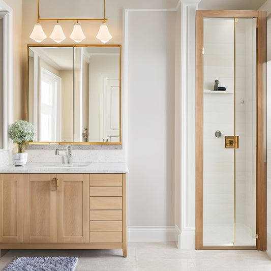 A luxurious, modern bathroom with cream-colored walls, featuring a large, wall-mounted cabinet in a rich wood tone with soft-close doors, above a sleek, white countertop and a frameless mirror.