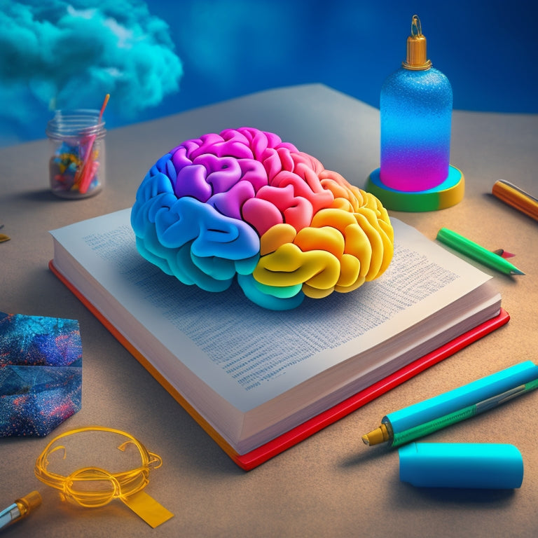An illustration of a brain with glowing, interconnected nodes and swirling clouds of thought, surrounded by scattered papers, pens, and a large, open notebook with colorful diagrams.