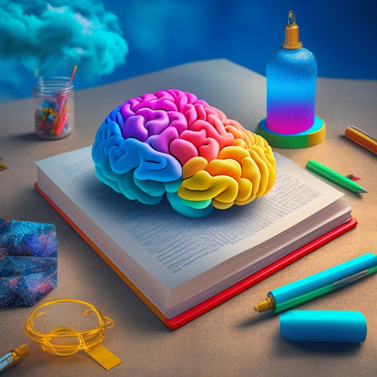 An illustration of a brain with glowing, interconnected nodes and swirling clouds of thought, surrounded by scattered papers, pens, and a large, open notebook with colorful diagrams.