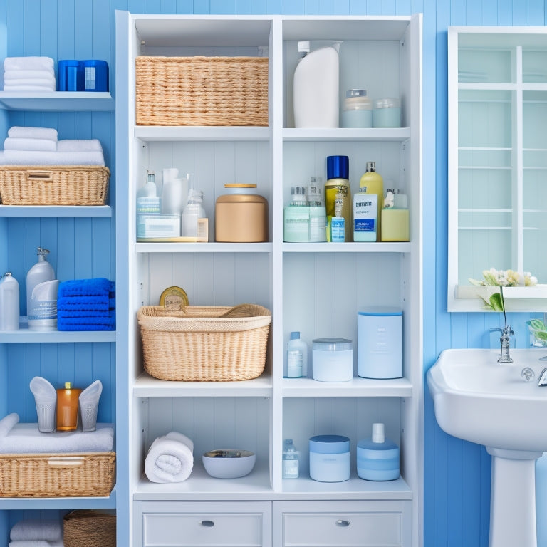 A tidy, white bathroom cabinet with open doors, showcasing organized shelves, baskets, and containers filled with toiletries, skincare products, and towels, surrounded by a calming, soft blue background.