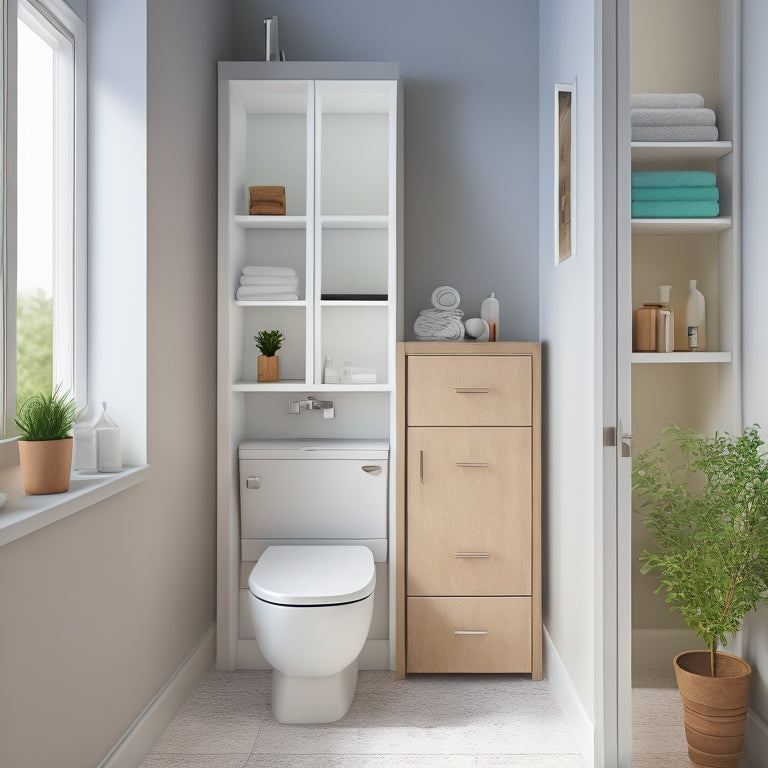 A minimalist illustration of a compact bathroom with a wall-mounted cabinet, a pedestal sink with built-in storage, and a floor-to-ceiling shelving unit, showcasing smart storage solutions.