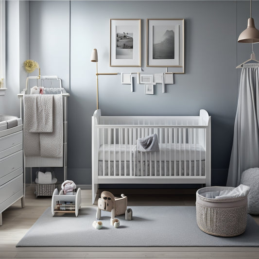 A serene, minimalist nursery with a crib, mobile, and changing table, surrounded by neatly folded baby clothes, diapers, and toys, with a few framed baby pictures on the wall.