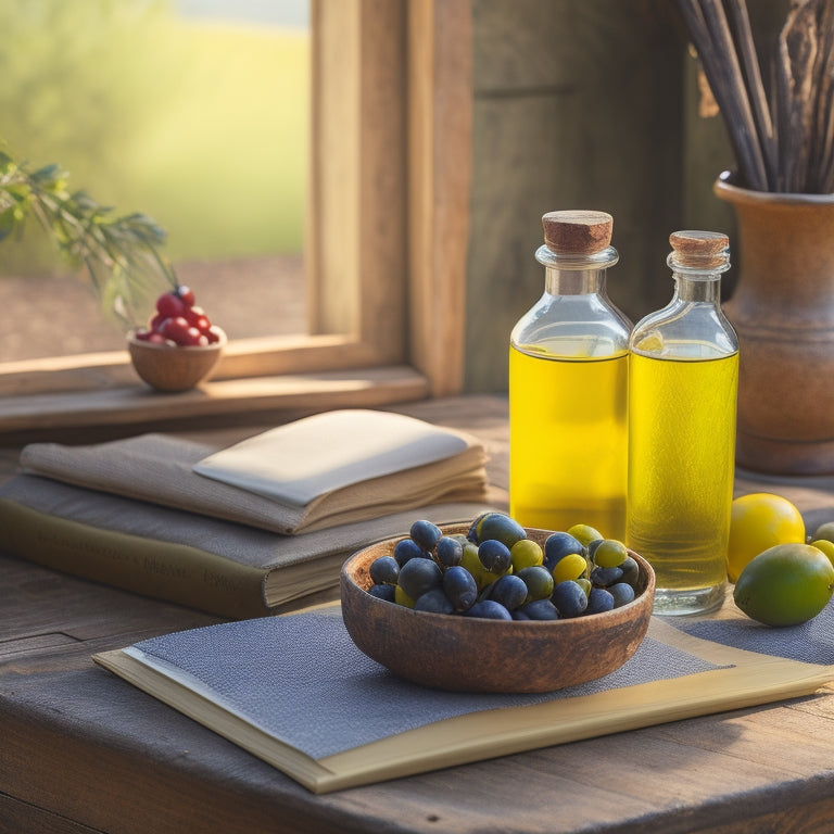 A rustic wooden table with a vintage-inspired recipe binder, surrounded by scattered colorful recipe cards, a few fresh olives, and a small ceramic olive oil jug, lit by warm sunlight.