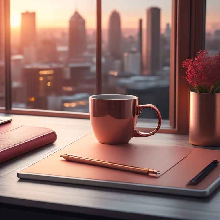 A minimalist desk setup with a sleek, rose-gold planner, a cup of steaming coffee, and a few colorful pens, surrounded by a subtle, blurred background of a cityscape at sunrise.