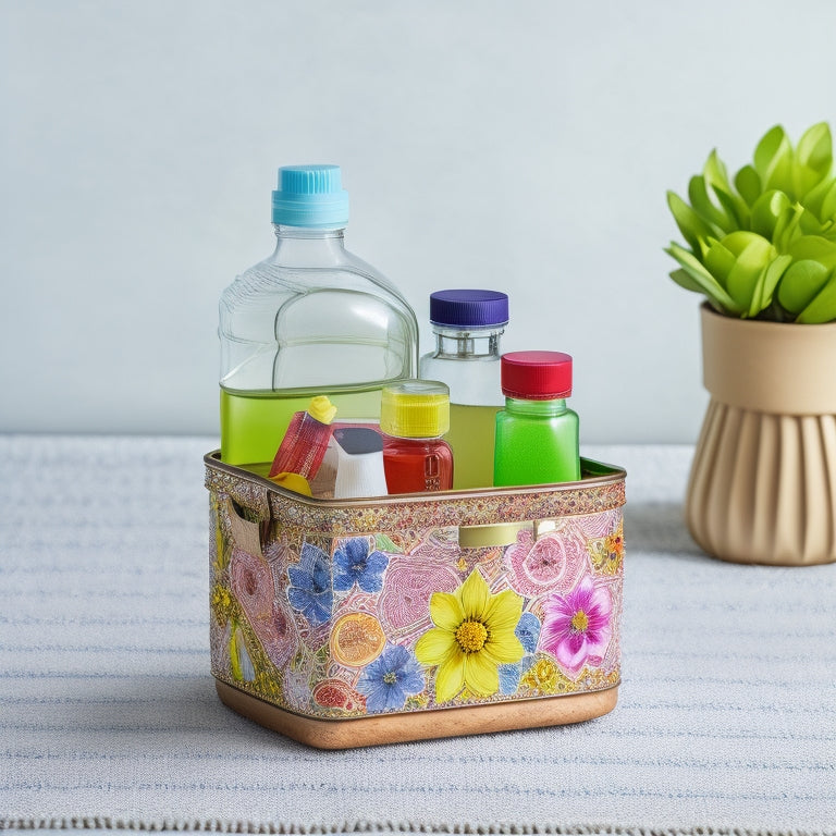 A colorful, organized cleaning caddy filled with various bottles and jars, each adorned with custom, decorative labels featuring hand-drawn flowers, leaves, and geometric patterns on a white background.