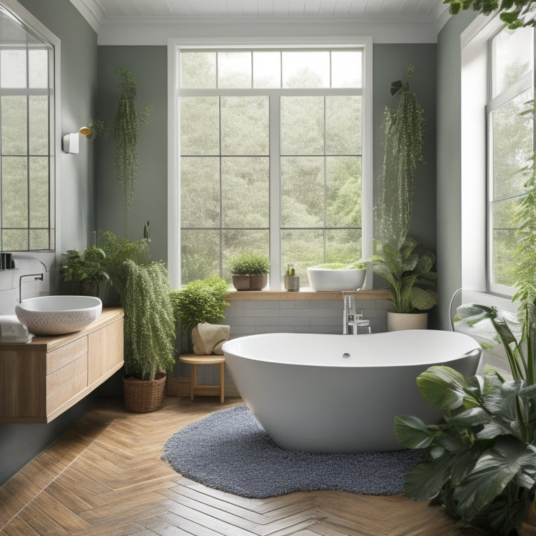 A stylish bathroom with a freestanding tub, surrounded by large-format tiles, a rainfall showerhead, and a floating vanity with a vessel sink, under a skylight with lush greenery.