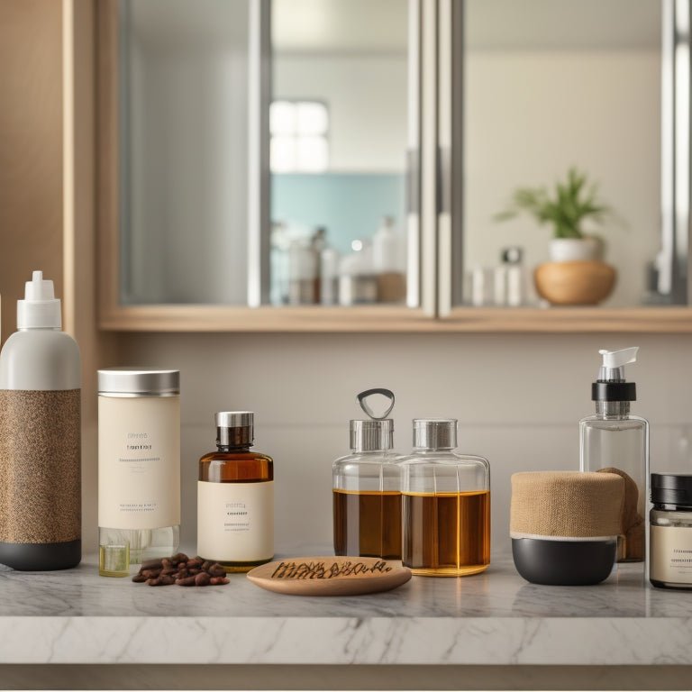 A minimalist kitchen counter with a few sleek, white labels on glass jars filled with spices, oils, and coffee beans, alongside a matching labeled bathroom cabinet with skincare products.