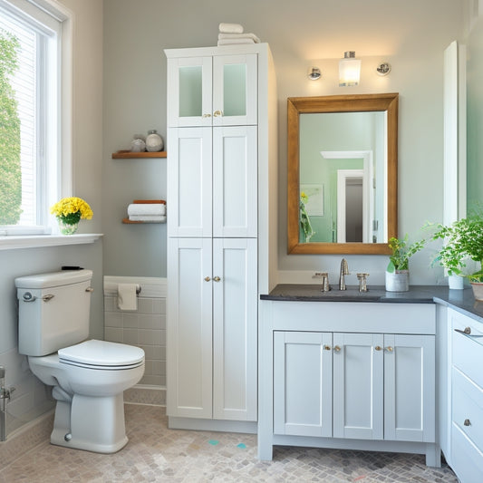 A bright, modern small bathroom with three different white wall-mounted medicine cabinets installed, each with distinct designs, sizes, and styles, against a soft gray background.