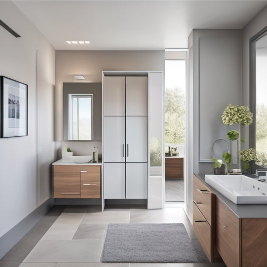 A sleek, modern bathroom with a wall-mounted cabinet featuring pull-out drawers, a recessed medicine cabinet with mirrored door, and a floor-to-ceiling storage unit with sliding glass doors.