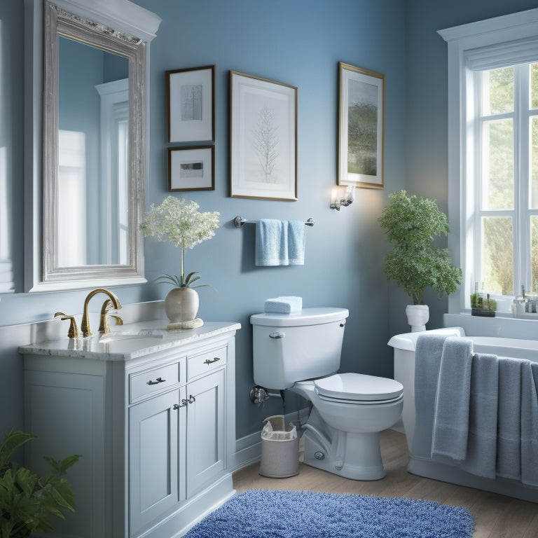 A serene, well-lit bathroom with a sink, toilet, shower, and bathtub, featuring a sparkling clean mirror, a few strategically placed cleaning supplies, and a subtle hint of freshness in the air.