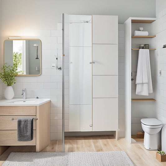 A bright, modern bathroom with a wall-mounted wooden cabinet, pull-out storage bins, and a tension rod holding multiple shower curtains, surrounded by a clean, minimalist aesthetic.