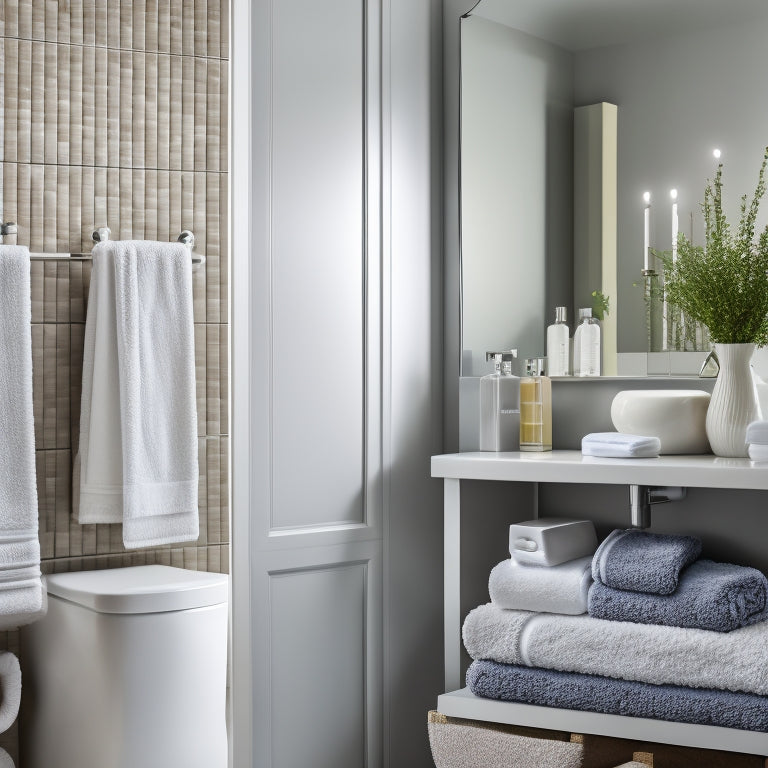 A serene, well-lit bathroom with a wall-mounted, white, three-tiered shelf unit holding rolled towels, decorative vases, and a few luxurious bath products, against a soft, gray background.