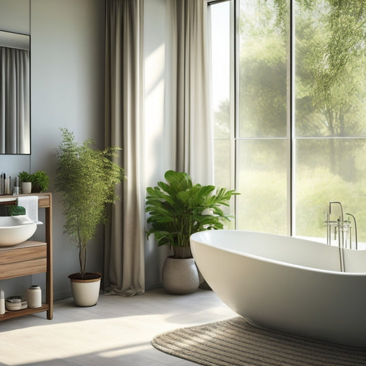 A serene, modern bathroom with a freestanding tub, surrounded by calming greenery, and a large window with soft, white curtains, illuminated by warm, natural light.