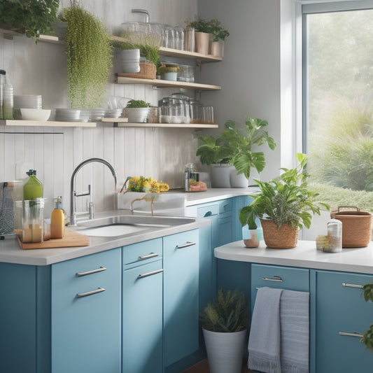 A bright, modern kitchen with a corner sink area featuring a pull-out drawer, a slide-out trash can, and a mounted soap dispenser, surrounded by neatly arranged cleaning supplies and decorative plants.