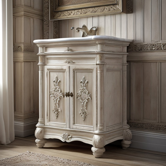 Generate an image of a distressed white antique wooden bathroom storage cabinet with ornate carvings, soft lighting, and a few rolled towels on a marble countertop beside it.