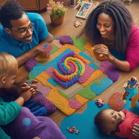 A colorful, stylized illustration of a happy family surrounded by swirling threads and puzzle pieces, with a subtle Trello board in the background, organized into neat lists and cards.