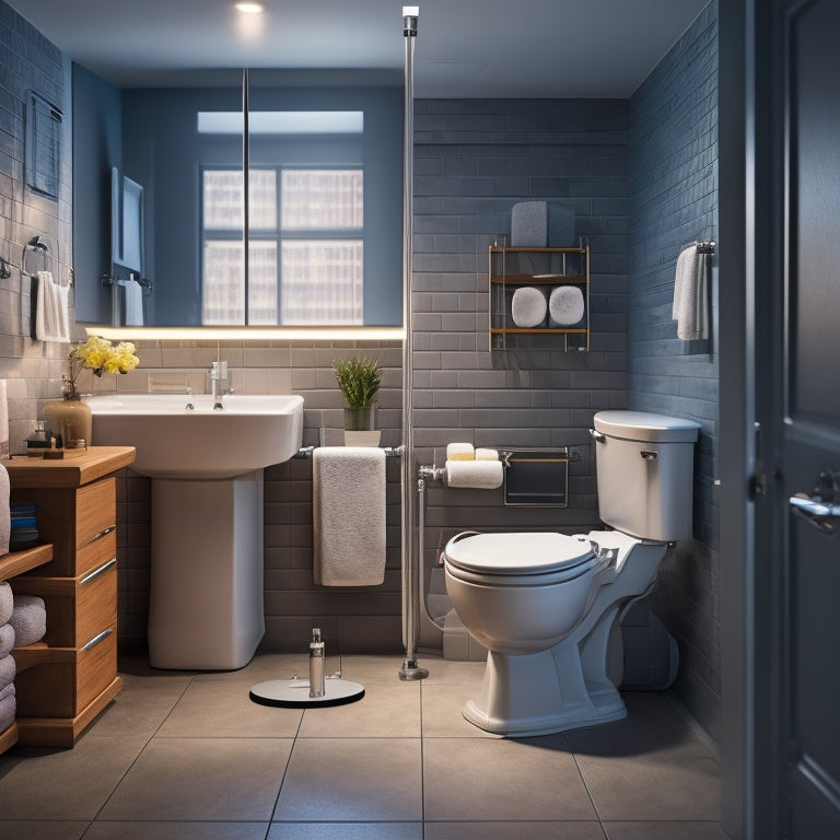 A modern, well-lit bathroom with a wheelchair-accessible toilet featuring grab bars, a lowered sink, and an emergency alarm system, surrounded by ample floor space for easy mobility.