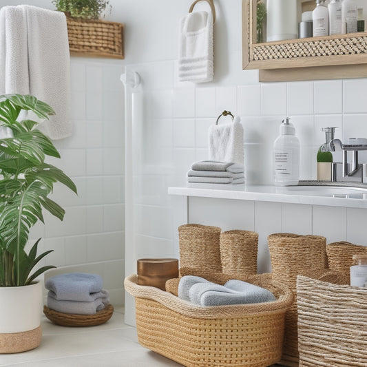 A clutter-free bathroom counter with a few neatly arranged toiletries, a woven basket holding rolled towels, and a wall-mounted shelf with stacked baskets and a few decorative plants.