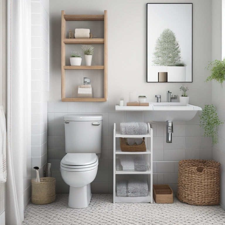 A tidy, minimalist bathroom with a pedestal sink, a compact shelving unit above the toilet, and a woven storage basket on the floor, surrounded by calming white and gray tones.