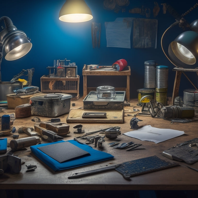 A cluttered workshop table with various tools and scattered product parts, surrounded by open instruction manuals, with a spotlight shining on a partially assembled gadget in the center.