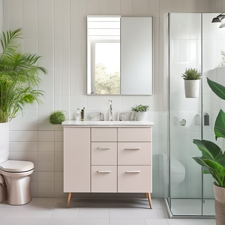 A modern bathroom featuring sleek slimline cabinets in soft pastel colors, organized toiletries, and decorative plants. The cabinets blend seamlessly into a minimalist design, maximizing space while maintaining an airy, open feel.