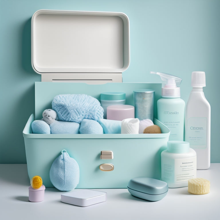 A serene, pastel-hued background with a organized, open baby care kit box in the center, containing neatly arranged baby essentials like diapers, toys, and skincare products.