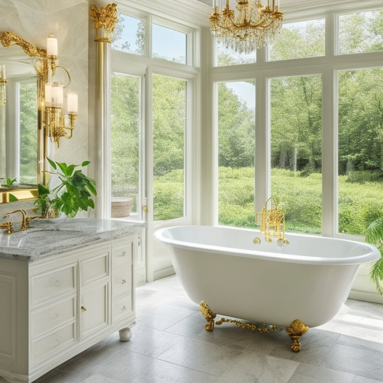 A serene, marble-clad bathroom with a freestanding tub, surrounded by plush towels and gleaming gold accents, beneath a stunning crystal chandelier and a floor-to-ceiling window with a lush greenery view.