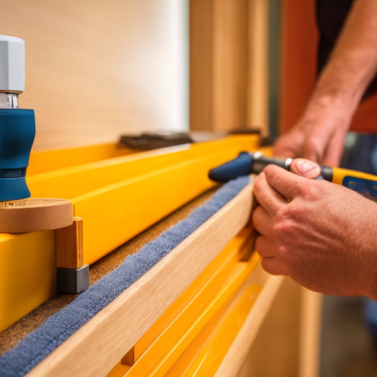 A close-up of a skilled carpenter's hands holding a level and a drill, surrounded by bathroom cabinet components, with a faintly visible measuring tape and a sleek, modern bathroom in the blurred background.