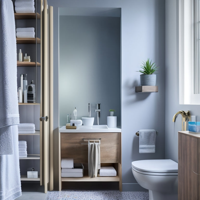 A sleek, contemporary bathroom featuring stylish waterproof storage solutions: open shelving with vibrant towels, a chic vanity with waterproof baskets, and a clear acrylic shower caddy, all illuminated by soft, natural light.