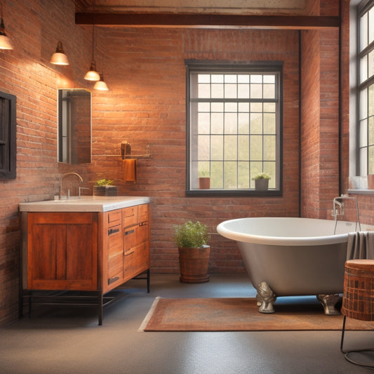 A sleek, industrial-style bathroom with exposed brick walls, polished concrete floors, and distressed metal cabinets featuring riveted metal accents, surrounded by pendant lighting and a freestanding tub.