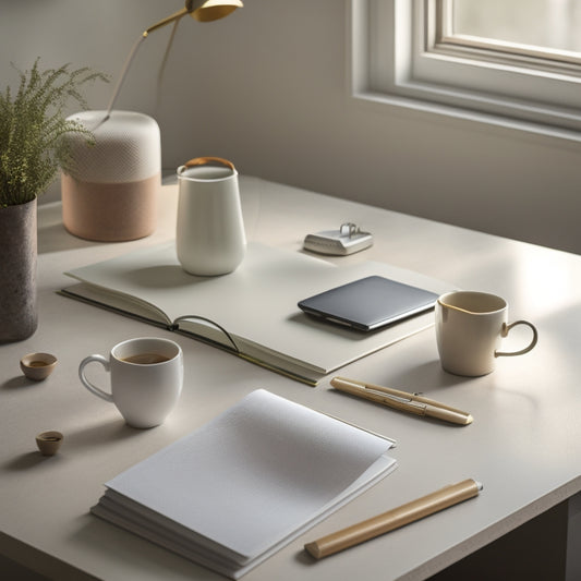 A serene, minimalist workspace with a tidy desk, a few neatly labeled folders, a planner, and a cup of steaming coffee, set against a soft, creamy background with a few gentle, natural shadows.