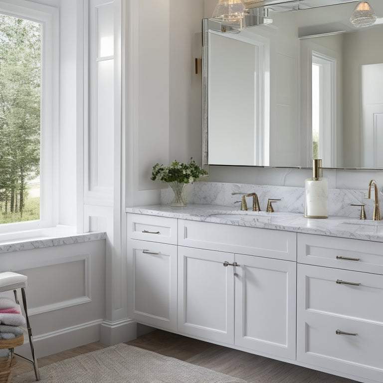 A serene bathroom scene featuring a crisp white Shaker-style vanity with soft-close drawers, paired with a Carrara marble countertop, chrome faucets, and a large rectangular mirror above.