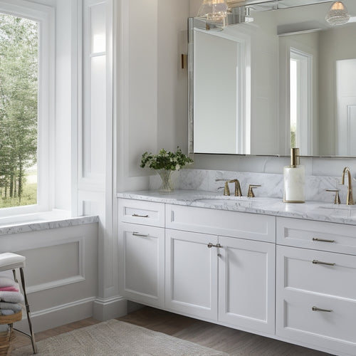 A serene bathroom scene featuring a crisp white Shaker-style vanity with soft-close drawers, paired with a Carrara marble countertop, chrome faucets, and a large rectangular mirror above.