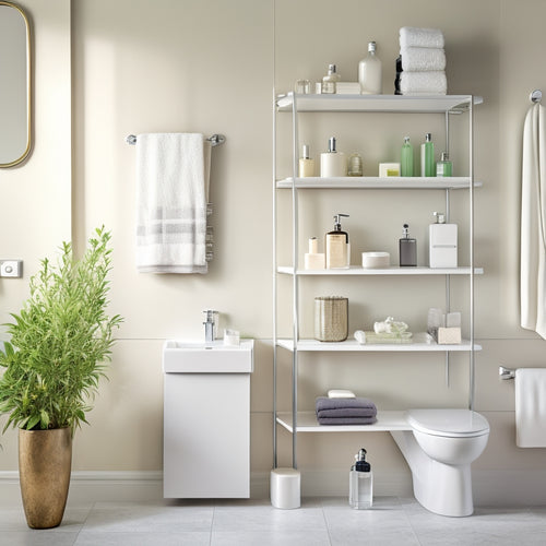 Generate an image of a modern bathroom with sleek, polished chrome open shelving units mounted on a soft, creamy white wall, holding neatly arranged toiletries and decorative vases.