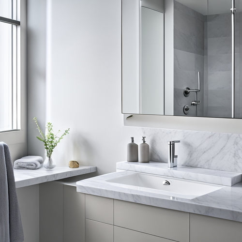 A sleek, modern bathroom featuring a wall-mounted sink with a waterfall faucet, surrounded by marble countertops, a large mirror, and a minimalist chrome towel rack, set against a soft grey background.