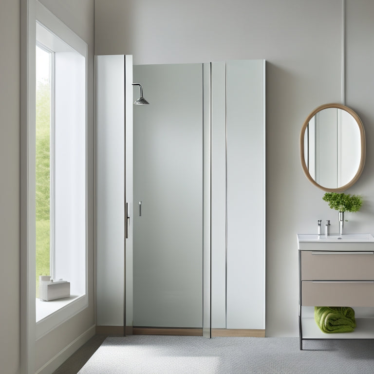 A serene bathroom with a large, rectangular, wall-mounted medicine cabinet featuring a mirrored door, soft-close hinges, and a sleek, chrome handle, surrounded by minimalist decor and ample negative space.