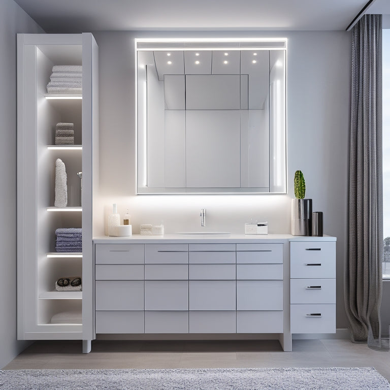 A modern bathroom with a wall-mounted cabinet featuring multiple drawers, shelves, and compartments in a sleek, white finish, surrounded by gleaming chrome fixtures and subtle LED lighting.