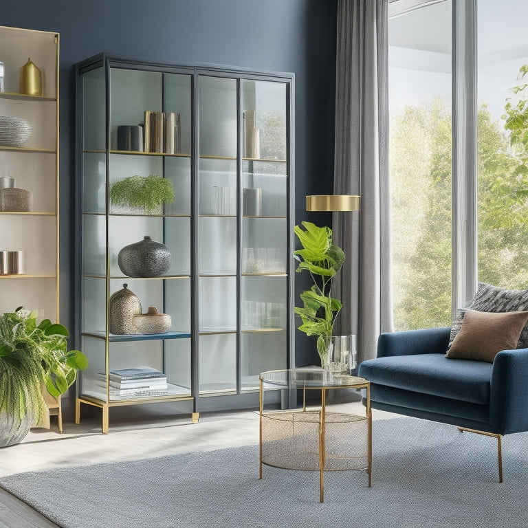 A modern living room featuring elegant glass door cabinets, showcasing neatly organized colorful books, decorative vases, and minimalist decor. Soft natural light filters through, highlighting the sleek design and inviting atmosphere.