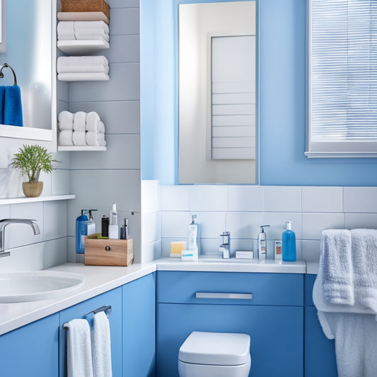 A tidy, modern bathroom with a sleek, white sink and a slide-out drawer underneath, filled with neatly organized toiletries, towels, and cleaning supplies, amidst a calming blue-gray background.