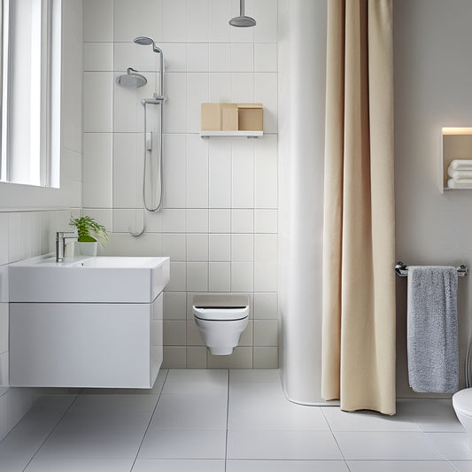 A minimalist bathroom with a wall-mounted sink, a compact toilet, and a shower curtain with built-in storage pockets, showcasing a pedestal sink with a slide-out storage drawer beneath.