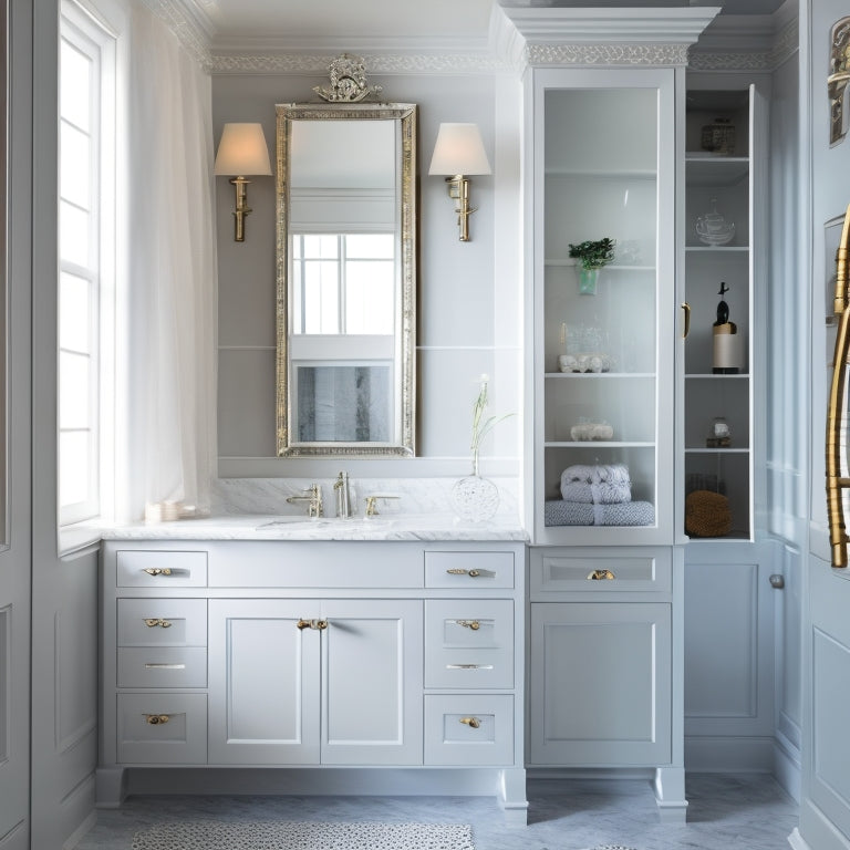 A stylish bathroom with a large, wall-mounted cabinet featuring glass doors, surrounded by sleek, floating shelves in a polished chrome finish, beneath a large, ornate mirror.