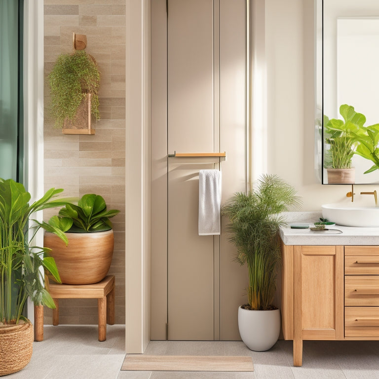 A serene bathroom scene featuring a wall-mounted bamboo cabinet with sliding doors, a matching bamboo stool, and a few potted plants, set against a calming gray and white marble backdrop.