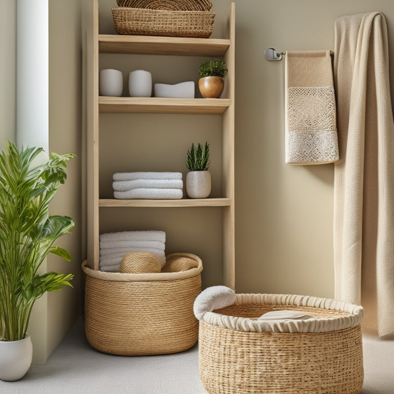 A serene, minimalist room with cream-colored walls, featuring a woven seagrass basket storing rolled towels, a smaller basket holding a potted plant, and a few neatly arranged books on a wooden shelf.