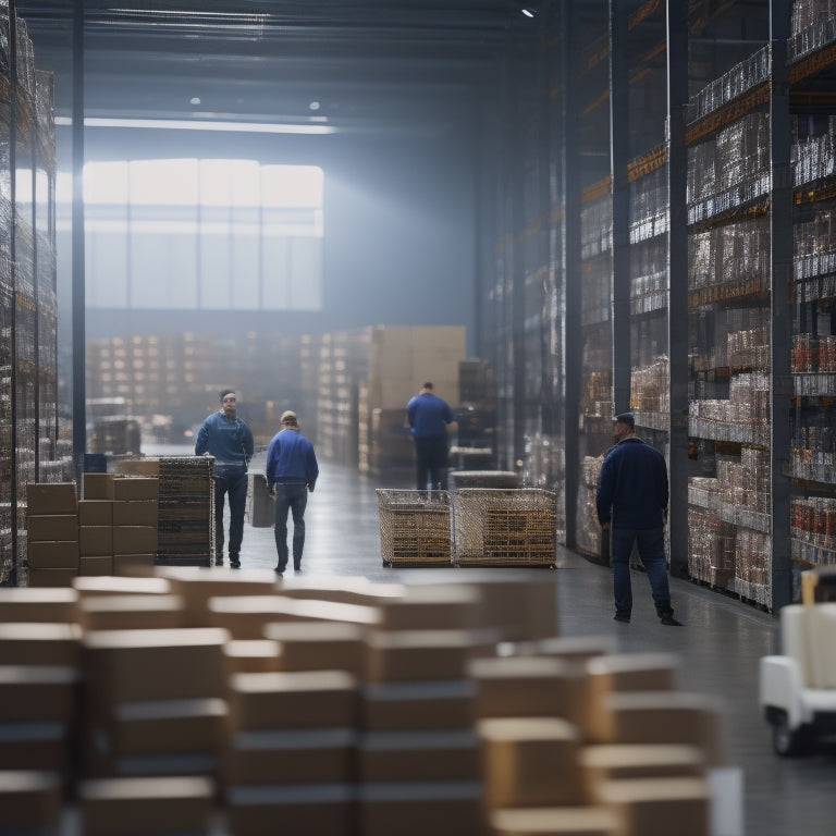 A warm, modern warehouse with rows of shelves stocked with various products, soft natural light spilling through large windows, and a few employees in the background, busily working together.