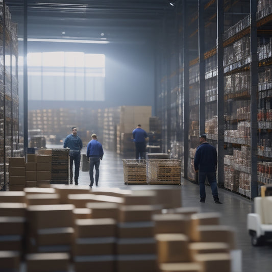 A warm, modern warehouse with rows of shelves stocked with various products, soft natural light spilling through large windows, and a few employees in the background, busily working together.