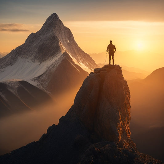 A triumphant figure stands at the peak of a mountain, surrounded by a warm, golden light, with a faint cityscape in the distance, symbolizing achievement and guidance.