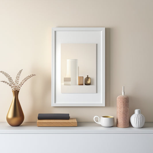 A minimalist illustration of a small, clutter-free room with a sleek, white corner shelf system, holding a few decorative objects, surrounded by subtle hints of a cozy living space.