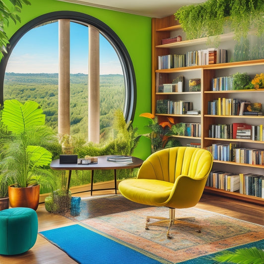 A bright, modern room with a large, curved desk, ergonomic chair, and floor-to-ceiling bookshelves filled with colorful books and decorative objects, surrounded by lush green plants and a cityscape view.