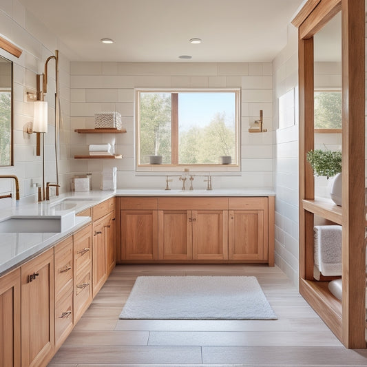 A serene white and wood bathroom featuring a freestanding tub, double sink vanity with wooden cabinets, large format marble tiles, and a floor-to-ceiling wooden accent wall.